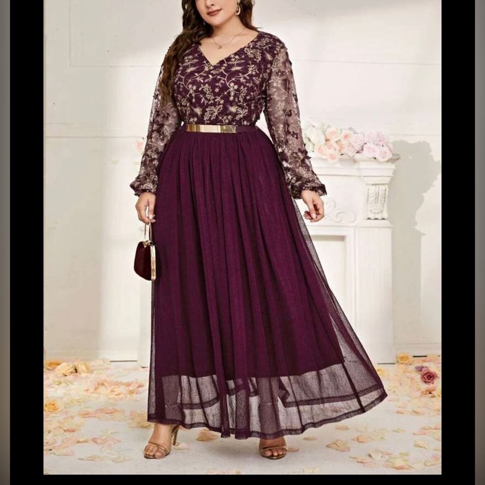 Plus-Size Plum V-Neck Maxi Dress with Sheer Embroidered Sleeves